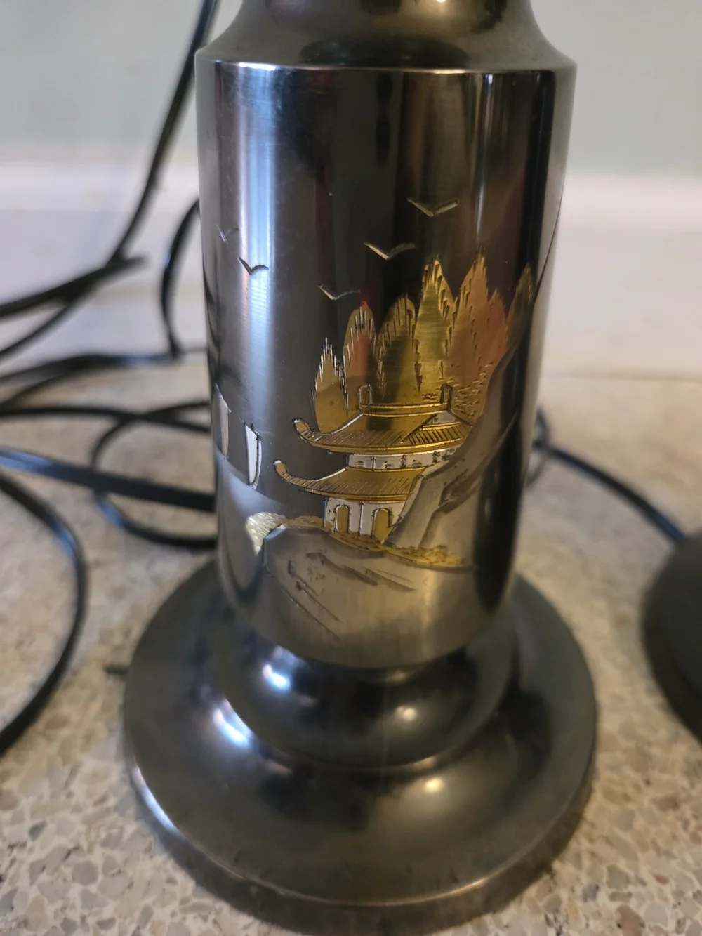 Vintage MCM Japanese Metal Hand-etched Bronze Table Lamp Pair Asian 12 In